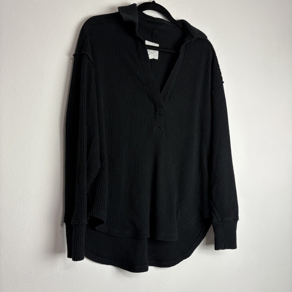 Aerie Lumberjane Waffle Knit Polo Sweatshirt Size XS Black Collared Tunic Boho - Picture 3 of 5